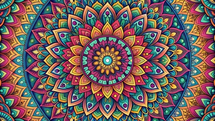A vibrant and intricate mandala design featuring a circular pattern of overlapping petals in a rainbow of colors.