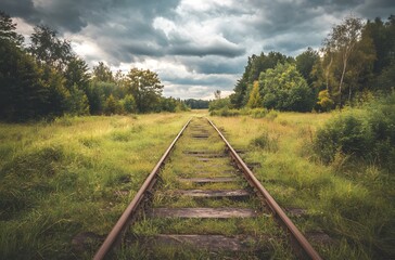 Obraz premium Old abandoned railway tracks in the middle of an open field, in the style of a vintage photo.