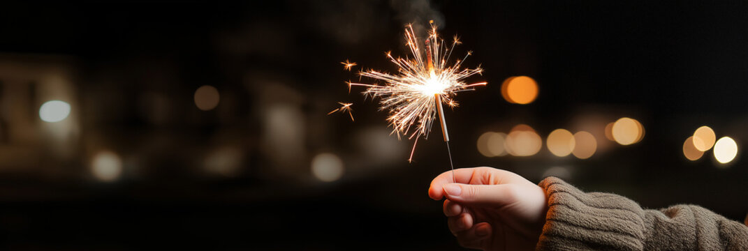 A single hand holding a sparkling light with a bokeh background, representing festivities, joy, and warmth during celebratory winter or holiday nights.