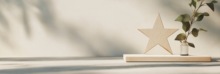 A minimalist wooden star beside a small vase on a shelf, accentuated by natural sunlight, conveying simplicity and elegance in modern interior design.
