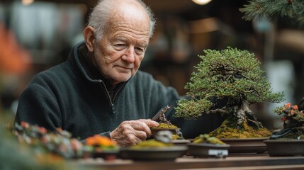 Elderly Man Tenderly Cares for Bonsai Tree, a Symbol of Patience and Dedication