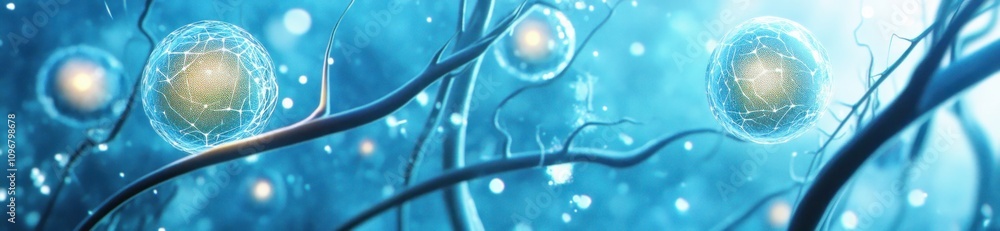 Leinwandbilder abstract representation of cells and neural connections in a blue, ethereal environment.