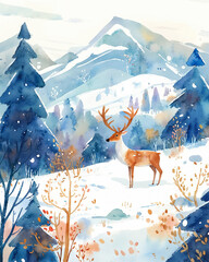 Wandering Deer in Serene Winter Scene, notion for exploration, harmony with nature, children's book illustration, adventure theme, classroom decor, New Year and Christmas theme
