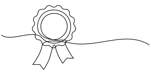 Award badge continuous one line drawing. Isolated on white background vector illustration. Pro vector, Continuous one line shape award isolated vector illustration. Award Ribbon Continuous Line Icon  © line drawing