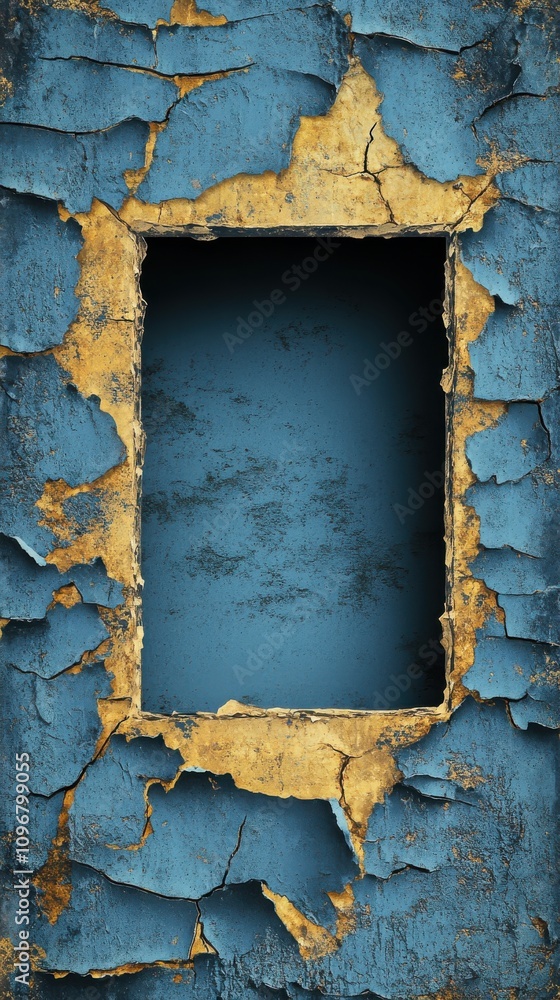 Poster abstract texture of weathered blue and gold paint with an empty rectangular space, evoking a sense o