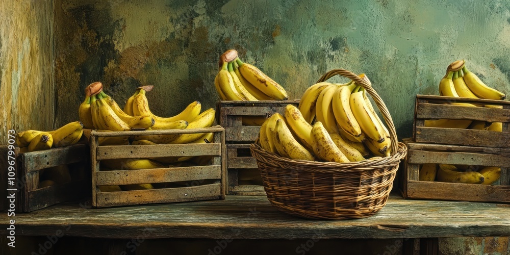 Poster a rustic display of bananas in wooden crates and a basket on a textured background.