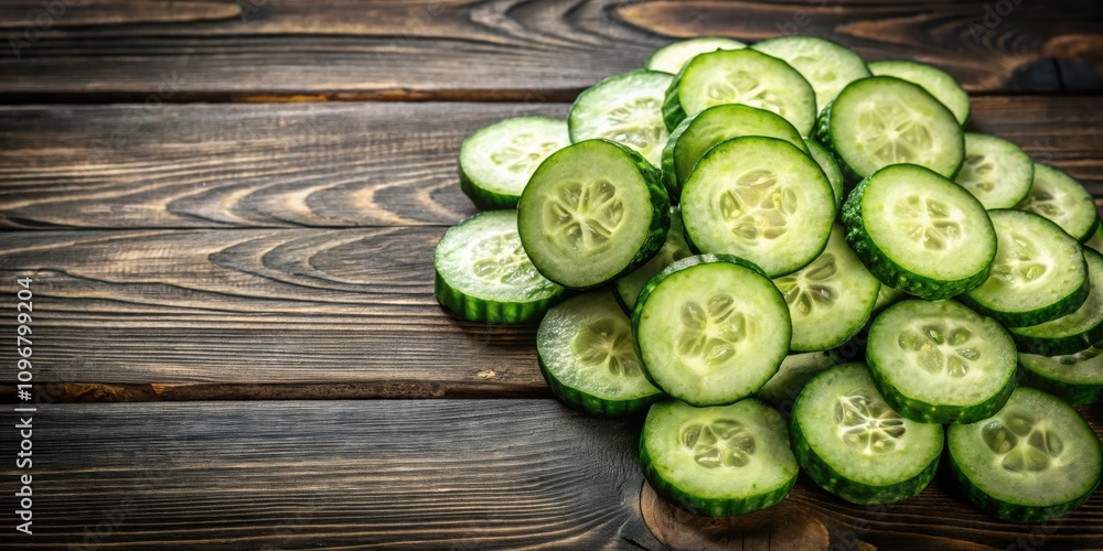 Poster Freshly Sliced Cucumber Rounds Arranged on a Rustic Wooden Surface