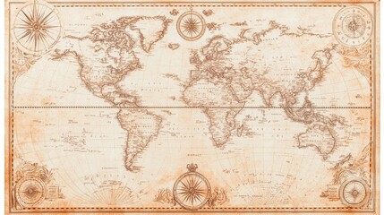 An antique world map featuring intricate details and decorative elements, perfect for history enthusiasts and travel lovers, evoking exploration and adventure.