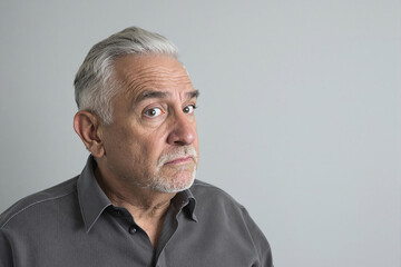 Obraz premium Skeptical elderly man with raised eyebrow, thoughtful expression, casual portrait, mature senior, gray background, curious look
