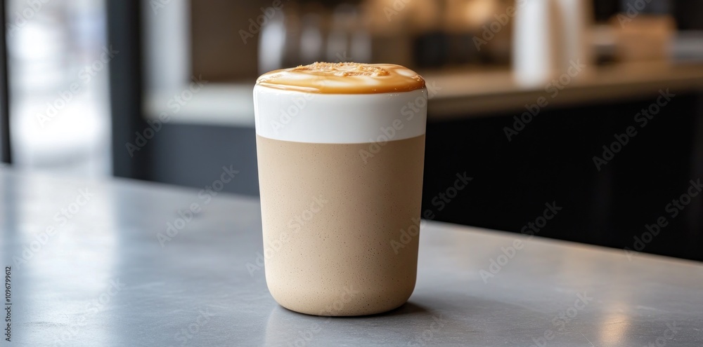 Poster a stylish cup of layered coffee topped with caramel, set against a modern caf? backdrop.