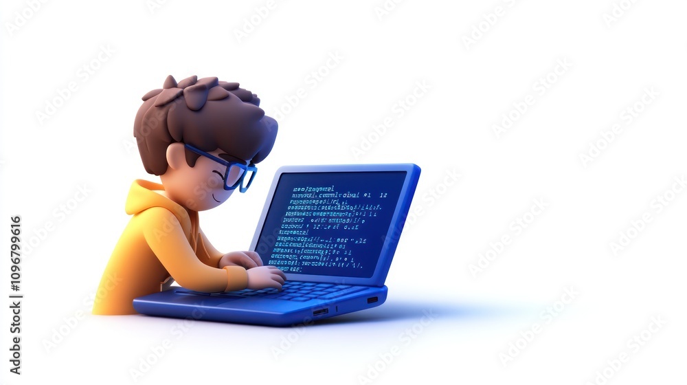 Poster a young person coding on a laptop, showcasing a tech-focused activity.