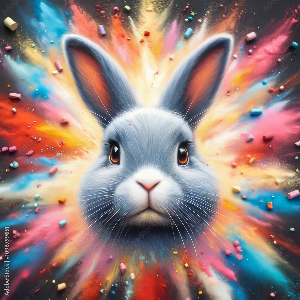 Poster chalk drawing of a rabbit exploding with a detailed a white rabb