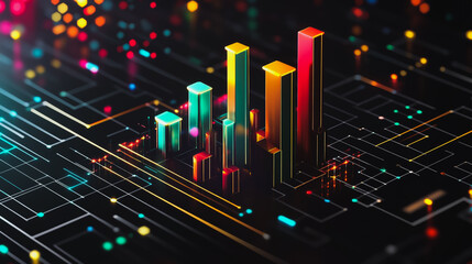 Obraz premium Abstract black background with Colorful charts and graphs with statistics to innovative analyze business potential and forecast future development of companies growth.