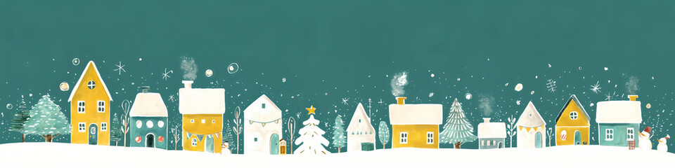 Snowy Watercolor Village with Christmas Trees, holiday celebration, greeting card, festive poster, winter wallpaper, Banner
