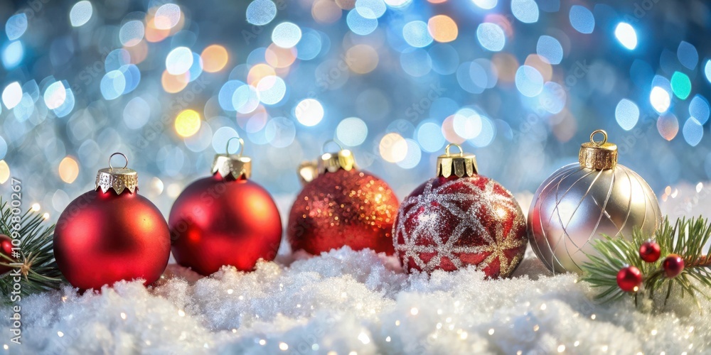 Poster Sparkling Holiday Baubles Resting in a Bed of Snow with a Festive Blur of Lights in the Background