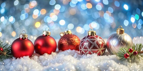 Sparkling Holiday Baubles Resting in a Bed of Snow with a Festive Blur of Lights in the Background