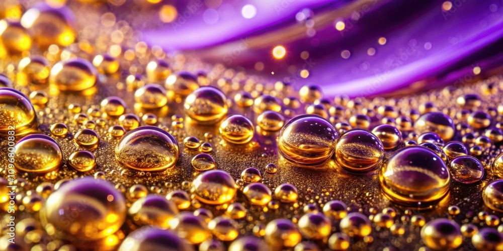 Poster a close-up of glistening golden water droplets on a shimmering purple surface, creating a captivatin