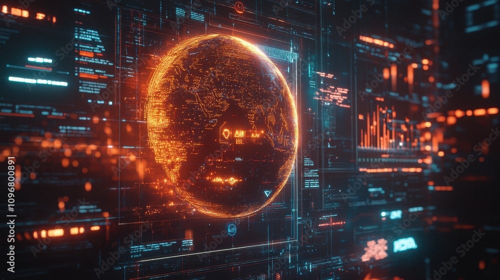 Poster a computer screen shows a glowing sphere with the numbers 0 and 1 on it