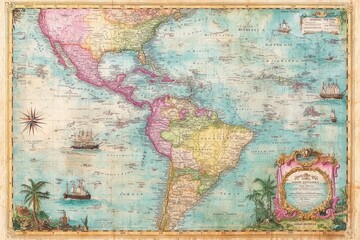 Antique Map Depicting North and South America with Sailing Ships