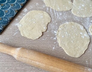 Dough on the table and flour and rolling pin kitchen photo 
