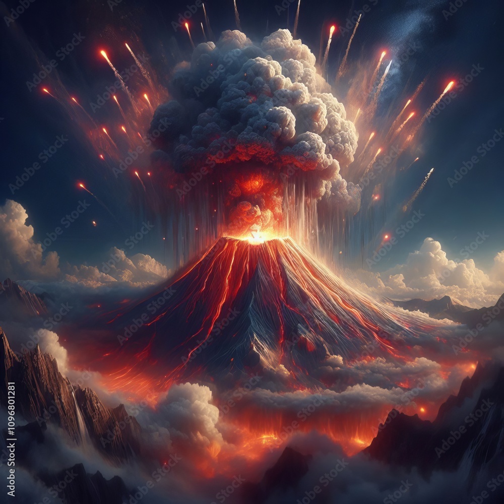 Poster exploding volcano a volcano with a massive explosion surrounding