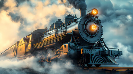 Fototapeta premium Steampunk steam locomotive with intricate mechanical details on a foggy railway track in a vintage industrial setting. Steampunk Train Station. Illustration