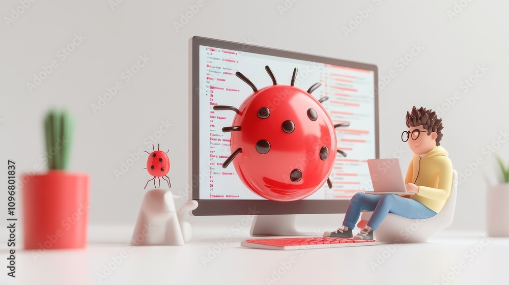 Poster a cartoonish scene depicting a person working on a computer with a large virus model nearby.