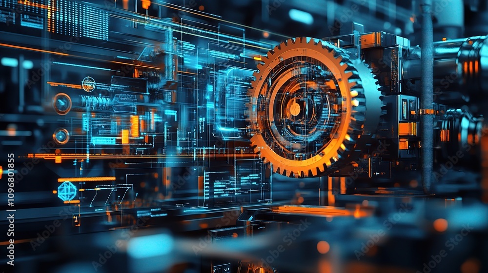 Poster futuristic engineering technologies with vibrant gears and digital interfaces illustrating the inter