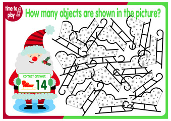 Count how many objects are hidden in the picture. Educational game for children. Colorful cartoon characters. Funny vector illustration. New Year. Christmas	
