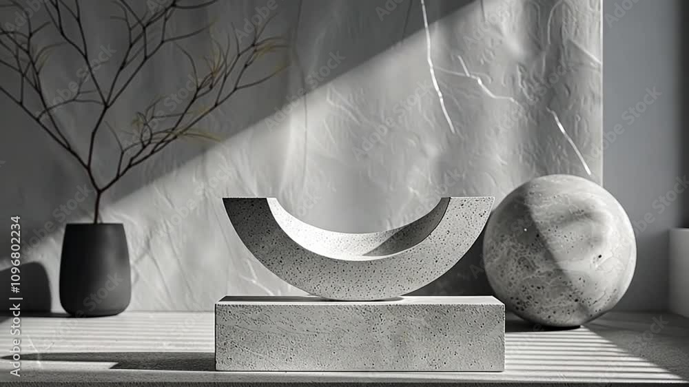 Poster a gray stone sculpture is placed on a minimalist table, illuminated by sunlight streaming through a 
