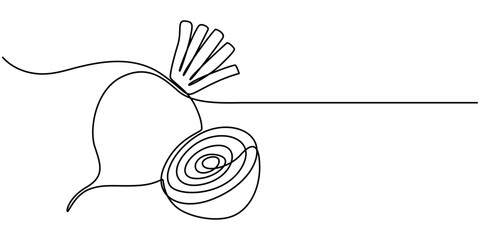 Vector continuous one single line drawing icon of beetroot with leaf in silhouette on a white background. Linear stylized. Beetroot in continuous line art drawing style. Garden beet black linear 