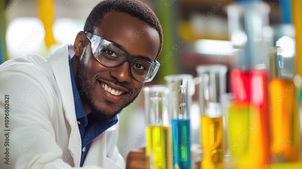 Poster smiling male engineer examining colorful liquids in a laboratory setting, creating a lively atmosphe