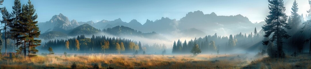 Naklejka premium Misty Mountain Landscape at Dawn