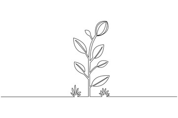 Growth plant processing one line drawing of tree outline flat vector icon