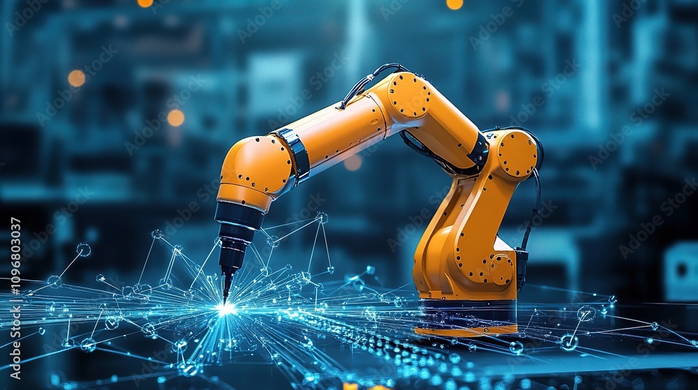 Poster advanced robotics in action: high-tech robotic arm engaging in precision welding operations within a