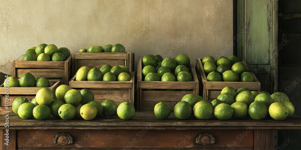 Aufkleber a rustic display of green apples in wooden crates on a table.