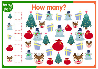Christmas counting game. Winter math lesson for preschool children. How Many Objects Worksheet. Educational riddle with cute funny pictures. New Year. Christmas