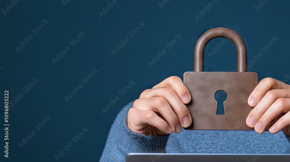 Poster hands engaged in secure typing on a laptop with a digital padlock icon symbolizing cybersecurity in 
