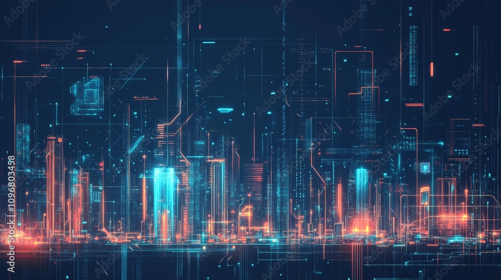 Poster futuristic digital cityscape with glowing neon elements and intricate circuit patterns illustrating 