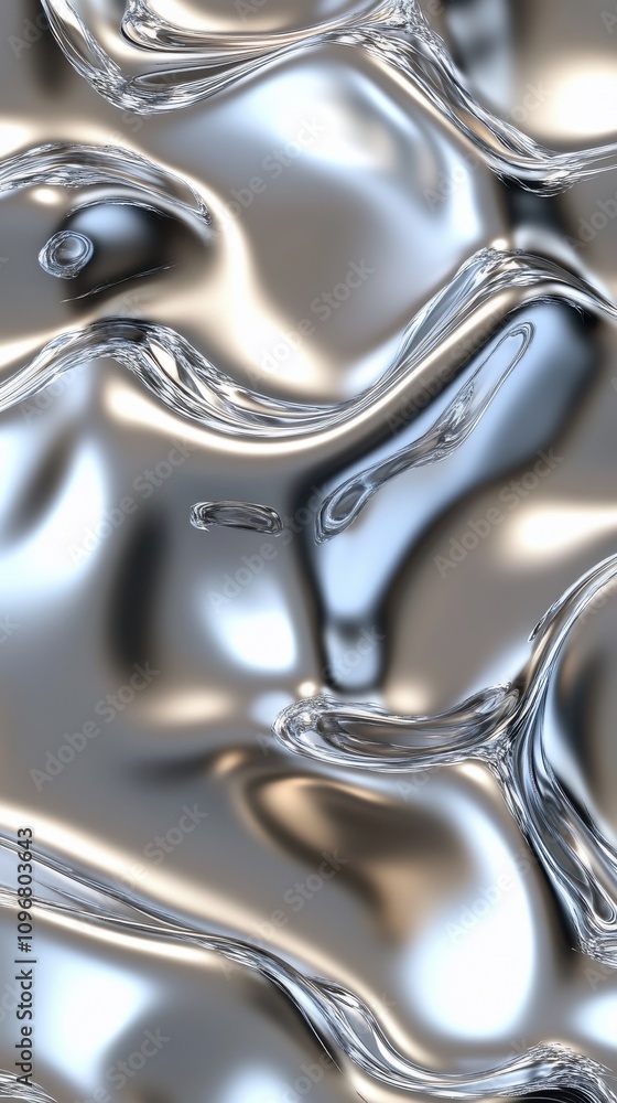 Poster a reflective metallic surface creating mesmerizing waves and patterns in silver tones.