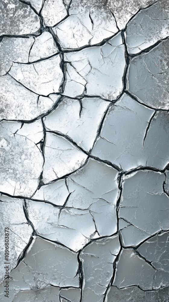 Poster a close-up view of cracked ice with a shimmering, silver-blue hue, creating an abstract and textured
