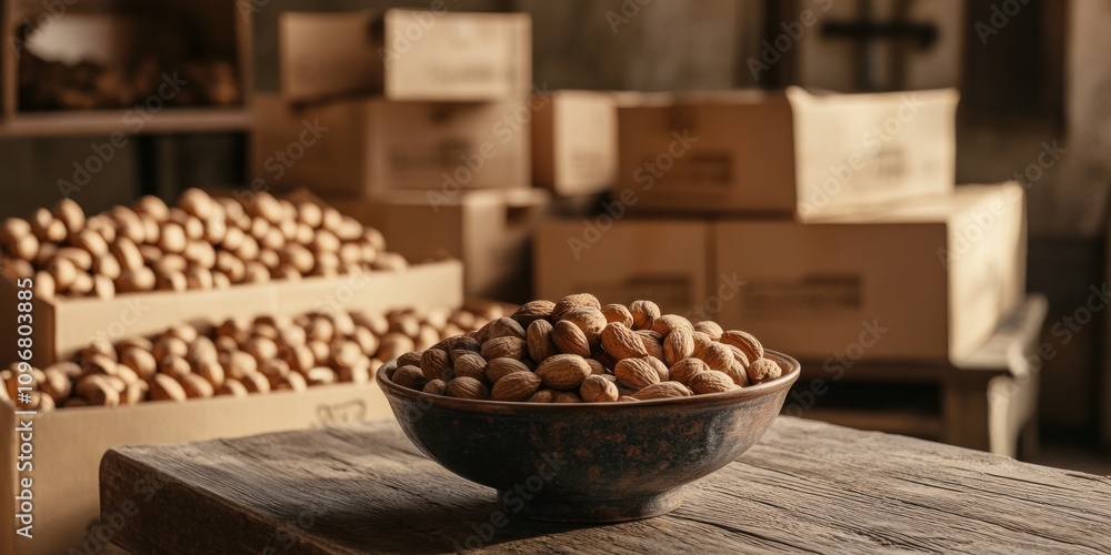 Poster a rustic bowl filled with nuts, surrounded by boxes of nuts in a storage area.