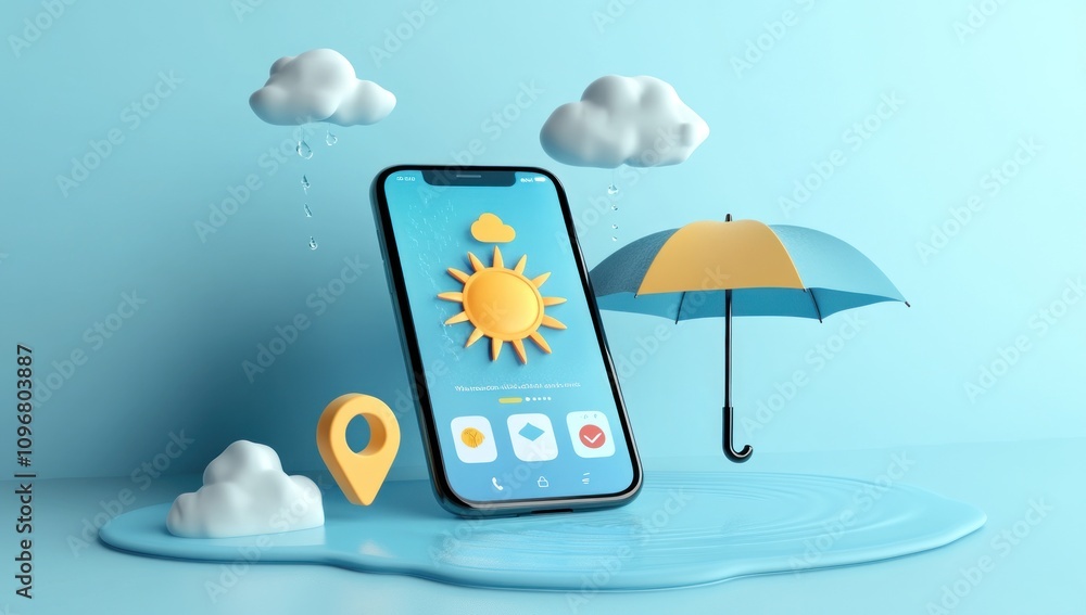 Aufkleber a stylized smartphone displaying weather icons, surrounded by clouds and an umbrella.