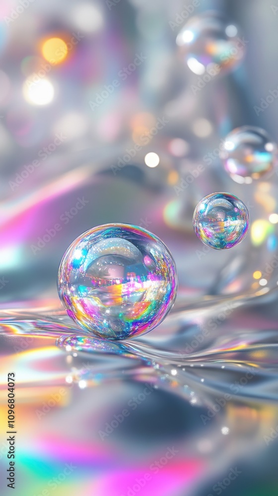 Poster close-up of iridescent soap bubbles floating on a reflective surface, creating a dreamy, colorful at