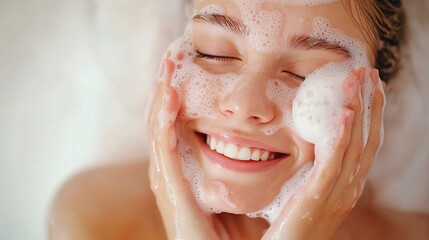 Young Woman Joyfully Washing Her Face with Natural Foam, Radiating Freshness and Happiness in a Relaxing Skincare Routine at Home