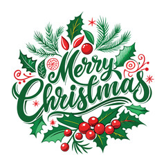 Vintage-style Merry Christmas calligraphy in forest green with charming holiday appeal