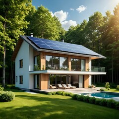 "Modern Eco-Friendly House with Solar Panels and Pool"