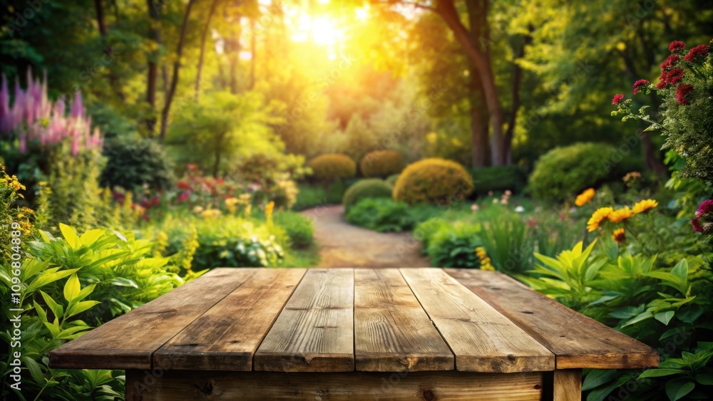 Poster A Rustic Wooden Tabletop in a Serene Garden Setting with Sunbeams Filtering Through the Trees