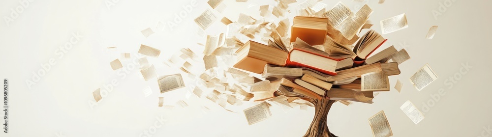 Aufkleber a creative representation of a tree made of books, symbolizing knowledge and learning.