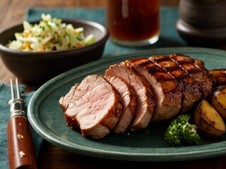 sliced ​​piece of juicy steak meat with blood served on a plate in a restaurant with vegetables and garnish gourmet serving